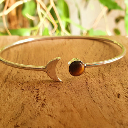 Silver Moon Bracelet / Tiger eye / Bangle / Galaxy / Solar System / Planets / Boho / Adjustable / Hippie / Chic / Sun