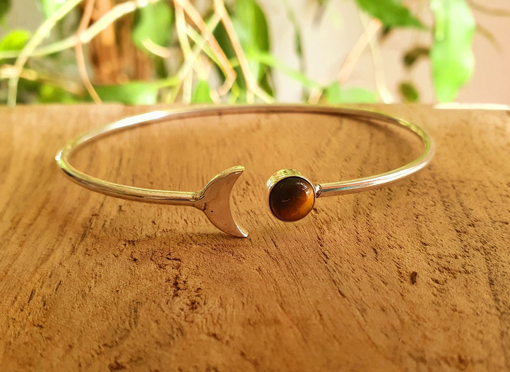 Silver Moon Bracelet / Tiger eye / Bangle / Galaxy / Solar System / Planets / Boho / Adjustable / Hippie / Chic / Sun