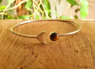 Silver Moon Bracelet / Tiger eye / Bangle / Galaxy / Solar System / Planets / Boho / Adjustable / Hippie / Chic / Sun