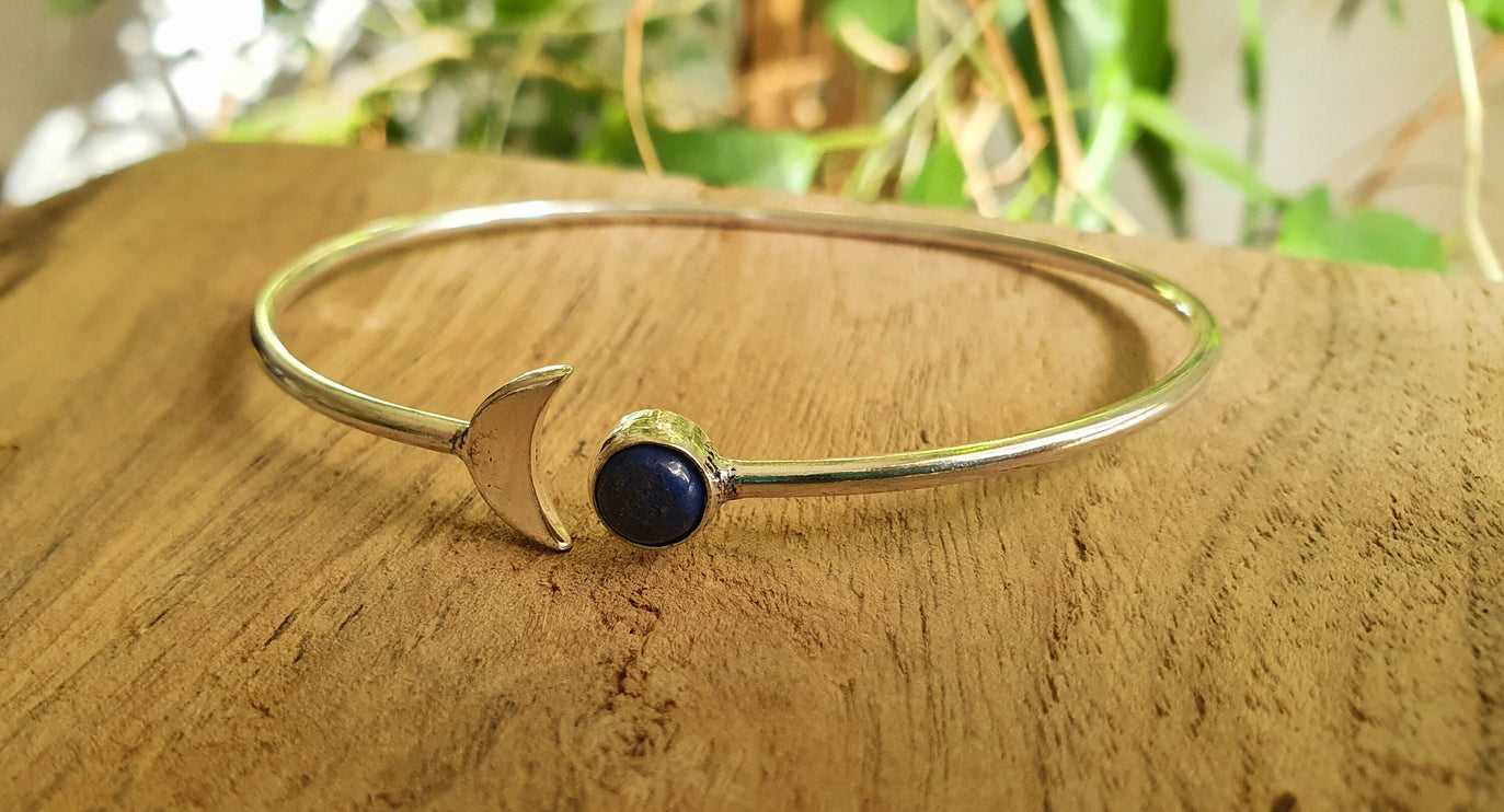 Silver Moon Bracelet / Lapis Lazuli / Bangle / Galaxy / Solar System / Planets / Boho / Adjustable / Hippie / Chic / Sun