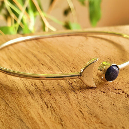 Silver Moon Bracelet / Lapis Lazuli / Bangle / Galaxy / Solar System / Planets / Boho / Adjustable / Hippie / Chic / Sun