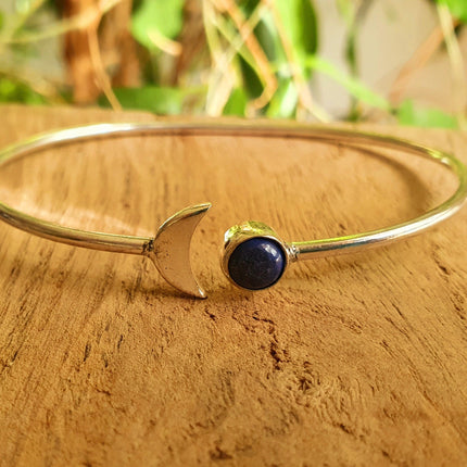 Silver Moon Bracelet / Lapis Lazuli / Bangle / Galaxy / Solar System / Planets / Boho / Adjustable / Hippie / Chic / Sun