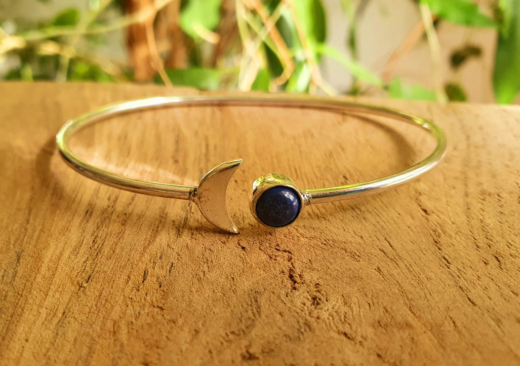 Silver Moon Bracelet / Lapis Lazuli / Bangle / Galaxy / Solar System / Planets / Boho / Adjustable / Hippie / Chic / Sun