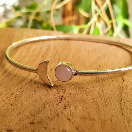 Silver Moon Bracelet / Rose Quartz / Bangle / Galaxy / Solar System / Planets / Boho / Adjustable / Hippie / Chic / Sun