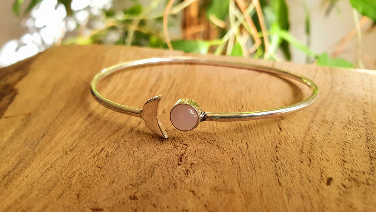 Silver Moon Bracelet / Rose Quartz / Bangle / Galaxy / Solar System / Planets / Boho / Adjustable / Hippie / Chic / Sun