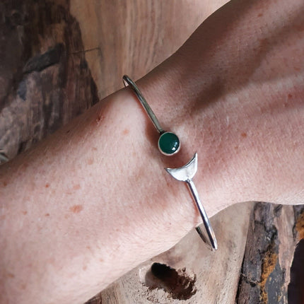 Silver Moon Bracelet / Green Onyx / Bangle / Galaxy / Solar System / Planets / Boho / Adjustable / Hippie / Chic / Sun