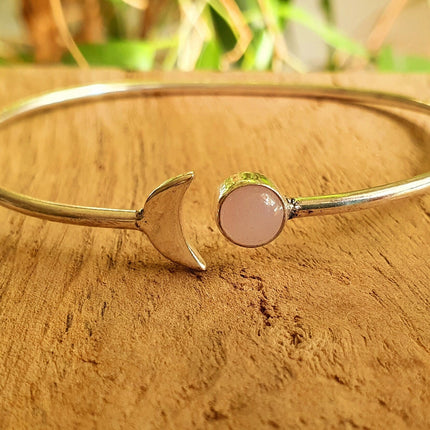 Silver Moon Bracelet / Rose Quartz / Bangle / Galaxy / Solar System / Planets / Boho / Adjustable / Hippie / Chic / Sun