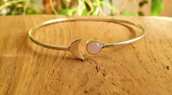 Silver Moon Bracelet / Rose Quartz / Bangle / Galaxy / Solar System / Planets / Boho / Adjustable / Hippie / Chic / Sun