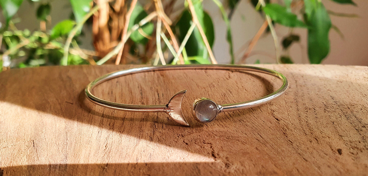 Silver Moon Bracelet / Labradorite / Bangle / Galaxy / Solar System / Planets / Boho / Adjustable / Hippie / Chic / Sun