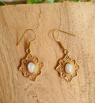 Small Moonstone Brass Drop Dangle earrings / Birth Stone / Ethnic / rustic, yoga, hippie, gypsy, pretty, psy, boho, bohemian, festival