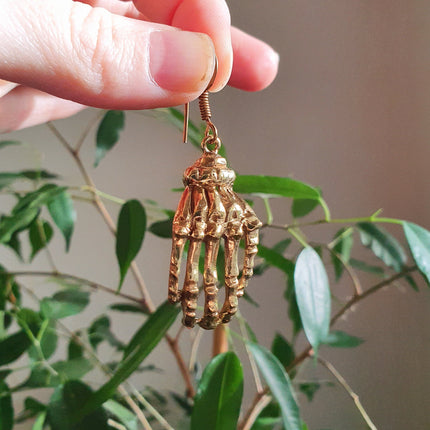 Gold Skeleton Hands Earrings; Halloween Day of the Dead Ethnic Boho Rustic Chic Gypsy Spiral Hippie Tribal Bohemian style