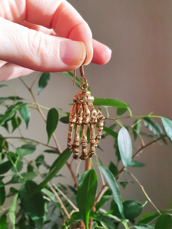 Gold Skeleton Hands Earrings; Halloween Day of the Dead Ethnic Boho Rustic Chic Gypsy Spiral Hippie Tribal Bohemian style