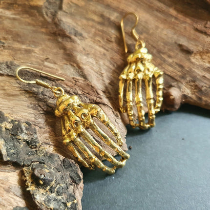 Gold Skeleton Hands Earrings; Halloween Day of the Dead Ethnic Boho Rustic Chic Gypsy Spiral Hippie Tribal Bohemian style