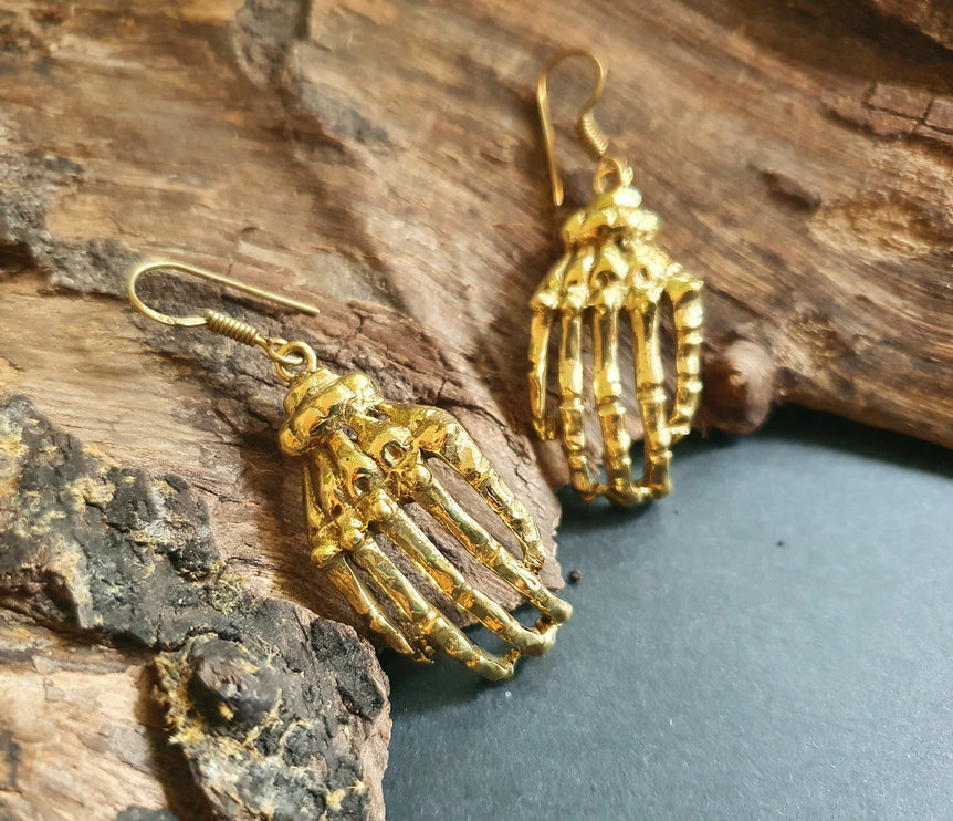 Gold Skeleton Hands Earrings; Halloween Day of the Dead Ethnic Boho Rustic Chic Gypsy Spiral Hippie Tribal Bohemian style