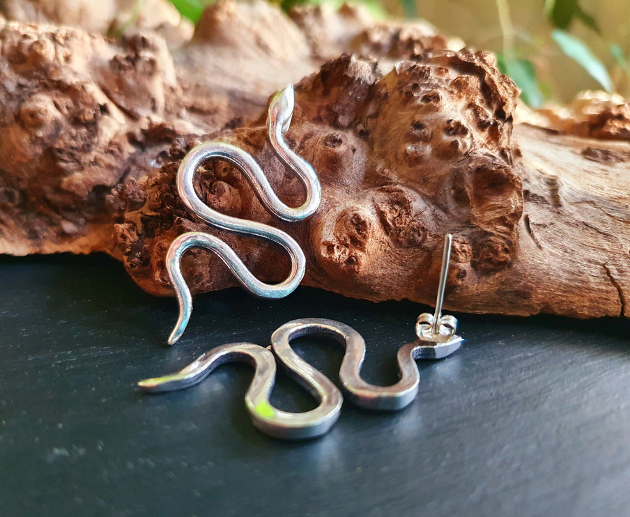 Silver Snake Earrings / Stud Earrings / Contemporary / Modern / Medusa / Boho / Brass / Animal / Nature