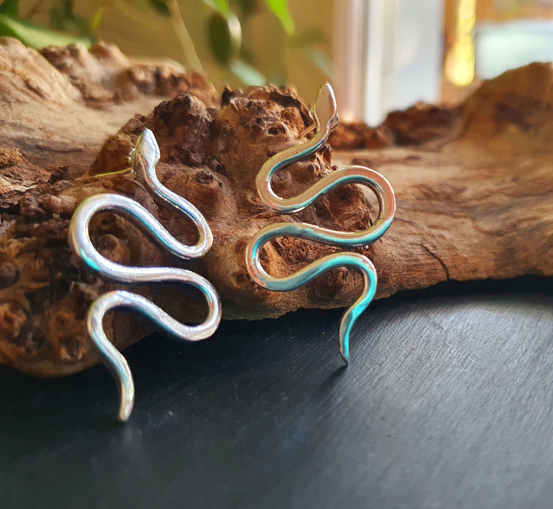 Silver Snake Earrings / Stud Earrings / Contemporary / Modern / Medusa / Boho / Brass / Animal / Nature