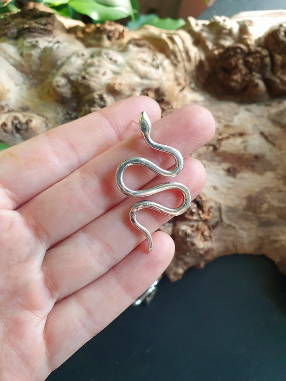 Silver Snake Earrings / Stud Earrings / Contemporary / Modern / Medusa / Boho / Brass / Animal / Nature