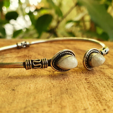 Bali Moonstone Silver Bracelet / Bangle / Ethnic / Rustic / Bohemian / Hippie / Gypsy / Psy / Adjustable / White stone