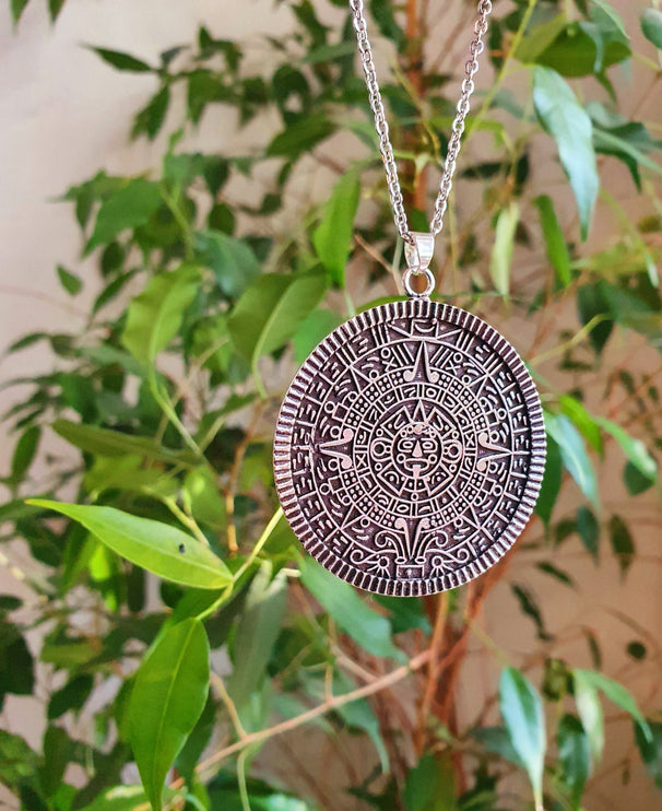 Silver Sacred Mayan Calendar Necklace / Hypoallergenic / Mens Necklace / Aztec / Inca / Ethnic / Hypoallergenic / Third Eye / Illuminati