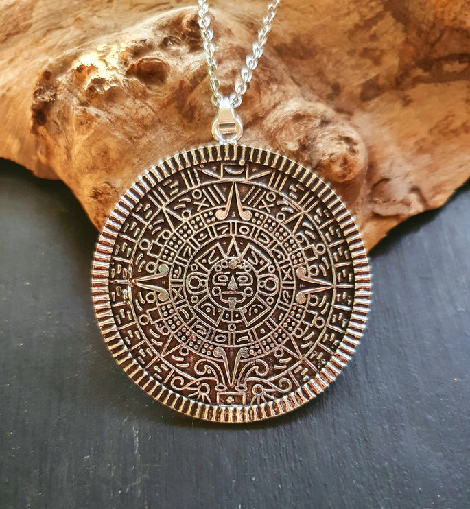 Silver Sacred Mayan Calendar Necklace / Hypoallergenic / Mens Necklace / Aztec / Inca / Ethnic / Hypoallergenic / Third Eye / Illuminati