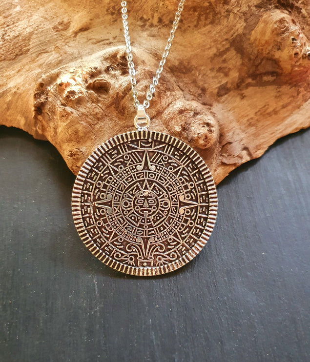 Silver Sacred Mayan Calendar Necklace / Hypoallergenic / Mens Necklace / Aztec / Inca / Ethnic / Hypoallergenic / Third Eye / Illuminati