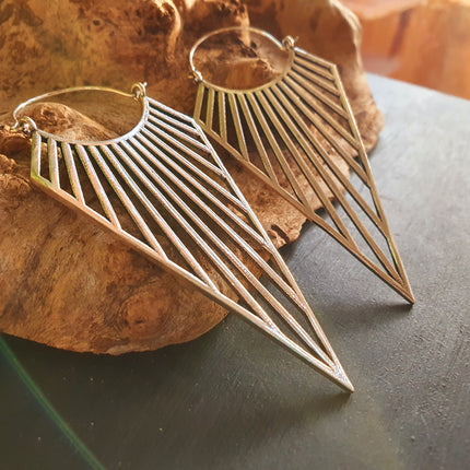 Large Triangle Drop Boho Silver Earrings; Steampunk Ethnic Boho Chic Gypsy Spiral Hippie Tribal Sci-fi