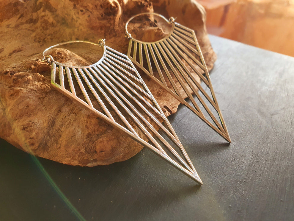 Large Triangle Drop Boho Silver Earrings; Steampunk Ethnic Boho Chic Gypsy Spiral Hippie Tribal Sci-fi