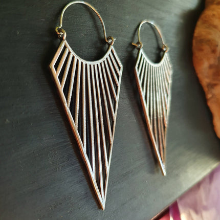 Large Triangle Drop Boho Silver Earrings; Steampunk Ethnic Boho Chic Gypsy Spiral Hippie Tribal Sci-fi