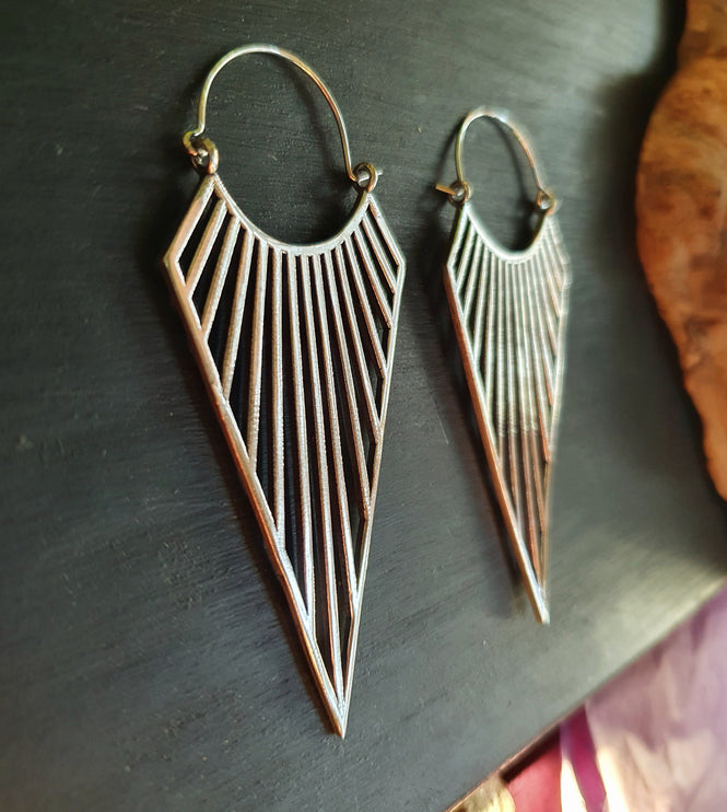 Large Triangle Drop Boho Silver Earrings; Steampunk Ethnic Boho Chic Gypsy Spiral Hippie Tribal Sci-fi