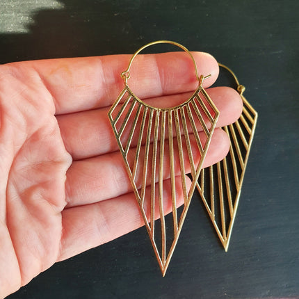 Large Golden Triangle Earrings; Steampunk Ethnic Boho Chic Gypsy Spiral Hippie Tribal Sci-fi