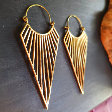 Large Golden Triangle Earrings; Steampunk Ethnic Boho Chic Gypsy Spiral Hippie Tribal Sci-fi