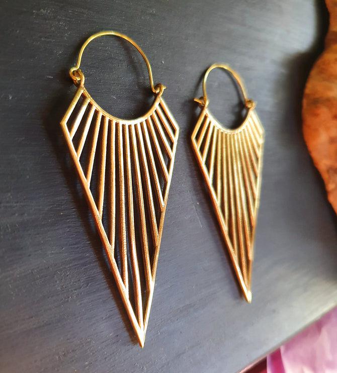 Large Golden Triangle Earrings; Steampunk Ethnic Boho Chic Gypsy Spiral Hippie Tribal Sci-fi