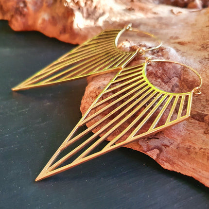 Large Golden Triangle Earrings; Steampunk Ethnic Boho Chic Gypsy Spiral Hippie Tribal Sci-fi