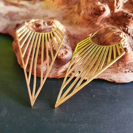 Large Golden Triangle Earrings; Steampunk Ethnic Boho Chic Gypsy Spiral Hippie Tribal Sci-fi