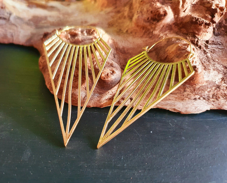 Large Golden Triangle Earrings; Steampunk Ethnic Boho Chic Gypsy Spiral Hippie Tribal Sci-fi