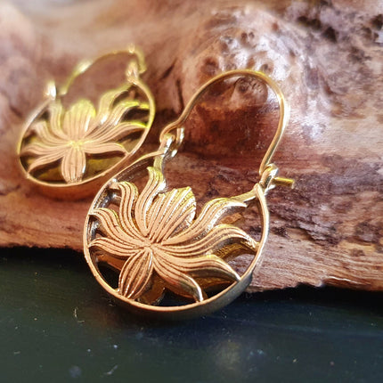 Boho Lotus Flower Golden Hoop Earrings; Ethnic, Geometric, Small, Rustic, Yoga, Hippie, Gypsy, Pretty, Ssy, Boho, Bohemian, Festival