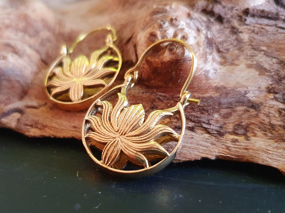 Boho Lotus Flower Golden Hoop Earrings; Ethnic, Geometric, Small, Rustic, Yoga, Hippie, Gypsy, Pretty, Ssy, Boho, Bohemian, Festival