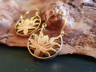 Boho Lotus Flower Golden Hoop Earrings; Ethnic, Geometric, Small, Rustic, Yoga, Hippie, Gypsy, Pretty, Ssy, Boho, Bohemian, Festival