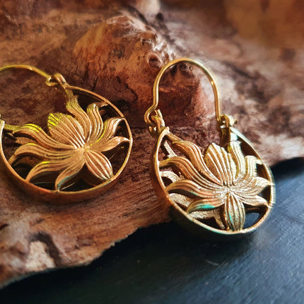 Boho Lotus Flower Golden Hoop Earrings; Ethnic, Geometric, Small, Rustic, Yoga, Hippie, Gypsy, Pretty, Ssy, Boho, Bohemian, Festival