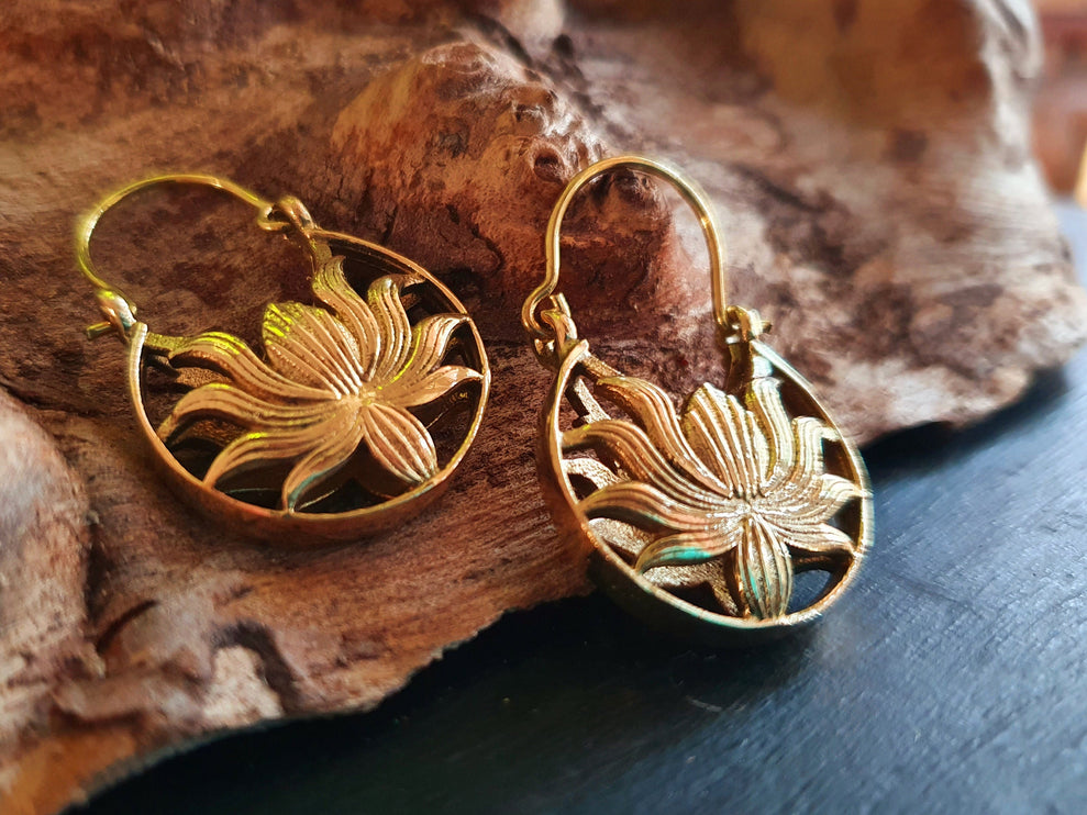 Boho Lotus Flower Golden Hoop Earrings; Ethnic, Geometric, Small, Rustic, Yoga, Hippie, Gypsy, Pretty, Ssy, Boho, Bohemian, Festival