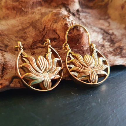 Boho Lotus Flower Golden Hoop Earrings; Ethnic, Geometric, Small, Rustic, Yoga, Hippie, Gypsy, Pretty, Ssy, Boho, Bohemian, Festival