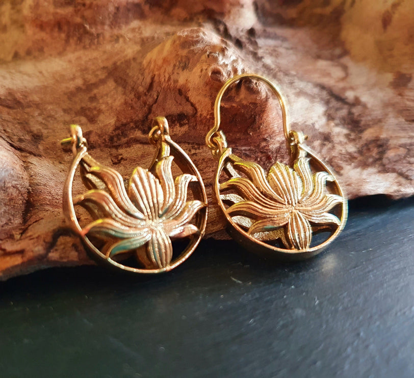 Boho Lotus Flower Golden Hoop Earrings; Ethnic, Geometric, Small, Rustic, Yoga, Hippie, Gypsy, Pretty, Ssy, Boho, Bohemian, Festival