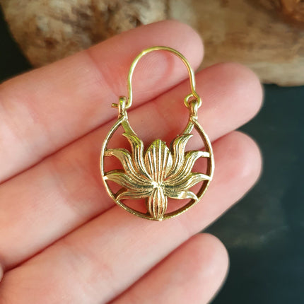 Boho Lotus Flower Golden Hoop Earrings; Ethnic, Geometric, Small, Rustic, Yoga, Hippie, Gypsy, Pretty, Ssy, Boho, Bohemian, Festival