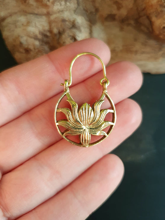 Boho Lotus Flower Golden Hoop Earrings; Ethnic, Geometric, Small, Rustic, Yoga, Hippie, Gypsy, Pretty, Ssy, Boho, Bohemian, Festival