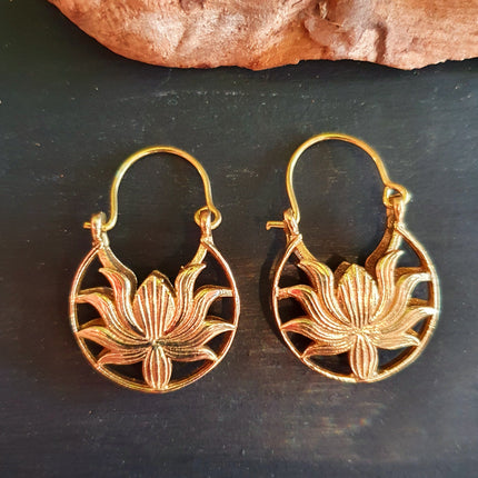 Boho Lotus Flower Golden Hoop Earrings; Ethnic, Geometric, Small, Rustic, Yoga, Hippie, Gypsy, Pretty, Ssy, Boho, Bohemian, Festival