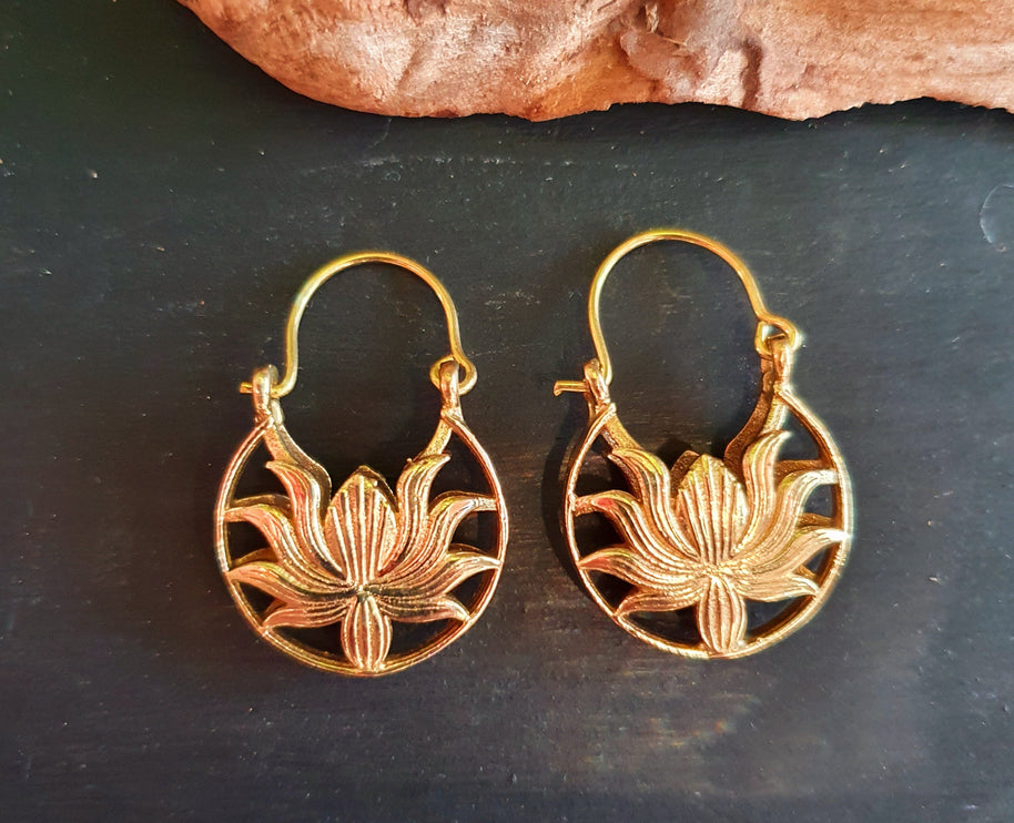 Boho Lotus Flower Golden Hoop Earrings; Ethnic, Geometric, Small, Rustic, Yoga, Hippie, Gypsy, Pretty, Ssy, Boho, Bohemian, Festival