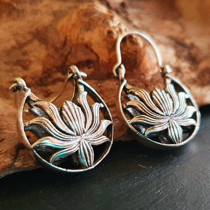 Boho Lotus Flower Silver Earrings; Ethnic, Geometric, Small, Rustic, Yoga, Hippie, Gypsy, Pretty, Ssy, Boho, Bohemian, Festival