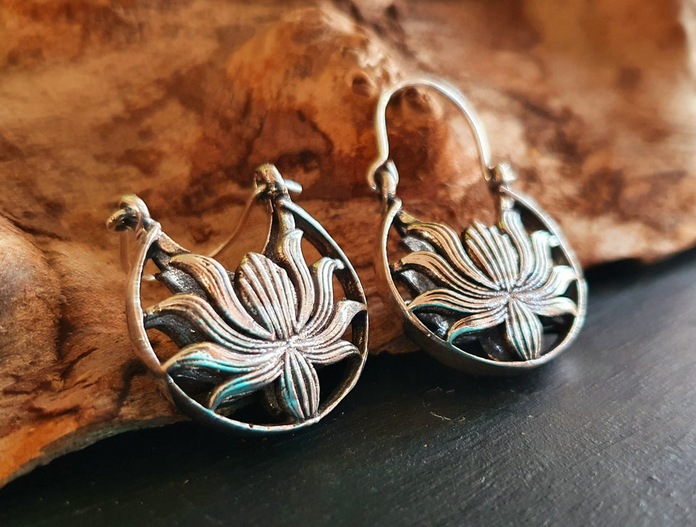 Boho Lotus Flower Silver Earrings; Ethnic, Geometric, Small, Rustic, Yoga, Hippie, Gypsy, Pretty, Ssy, Boho, Bohemian, Festival