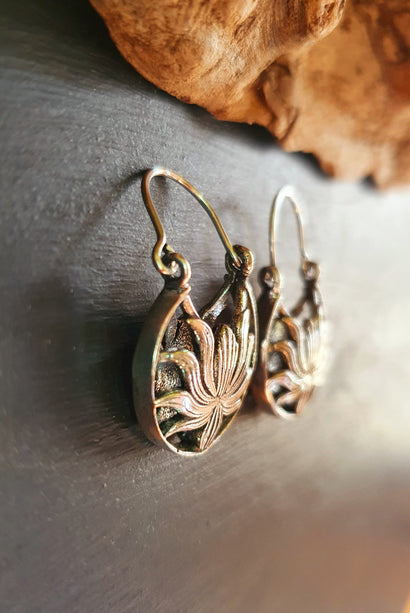 Boho Lotus Flower Silver Earrings; Ethnic, Geometric, Small, Rustic, Yoga, Hippie, Gypsy, Pretty, Ssy, Boho, Bohemian, Festival