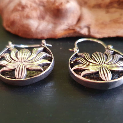 Boho Lotus Flower Silver Earrings; Ethnic, Geometric, Small, Rustic, Yoga, Hippie, Gypsy, Pretty, Ssy, Boho, Bohemian, Festival